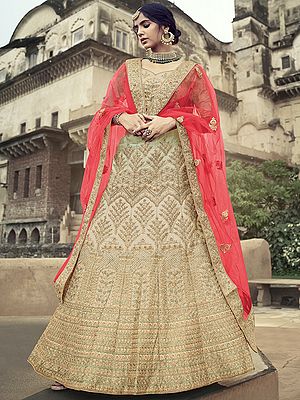 Satin Floral Mughal Motif Bridal Lehenga Choli With All-Over Glitter Dori, Zari, Stone, Thread Work And Soft Net Dupatta