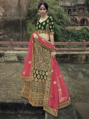 Satin Bridal Vine Motif Lehenga Choli With Beautiful Glitter Dori, Zari, Stone, Thread Work And Soft Net Dupatta