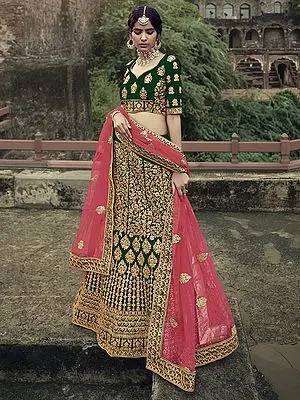 Satin Bridal Vine Motif Lehenga Choli with Beautiful Glitter Dori, Zari, Stone, Thread Work and Soft Net Dupatta