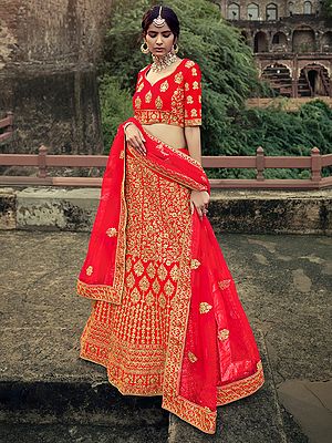 Satin Bridal Vine Motif Lehenga Choli with Beautiful Glitter Dori, Zari, Stone, Thread Work and Soft Net Dupatta