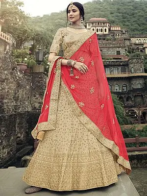 Satin Floral Bail Butta Pattern Lehenga Choli with Heavy Glitter Dori, Stone, Thread Embroidery and Soft Net Dupatta