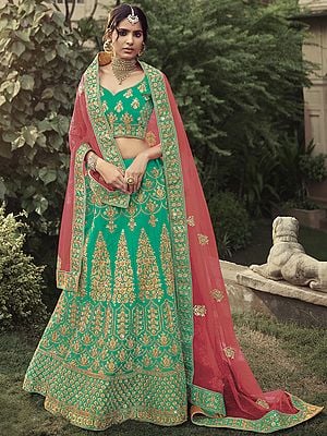 Satin Bridal Lehenga Choli with All-Over Glitter Dori, Stone, Thread Work, And Soft Net Dupatta