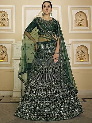 Green Soft Net 	Bridal A-Line Lehenga Choli With All-Over Dori-Mirror Work And Designer Dupatta