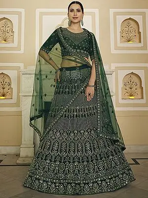 Green Soft Net Bridal A-Line Lehenga Choli with All-Over Dori-Mirror Work and Designer Dupatta