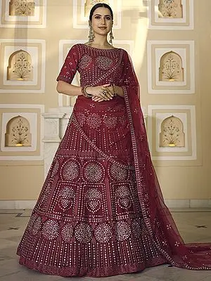 Maroon Soft Net Chakra-Laddi Motif Lehenga Choli with Beautiful Dori-Mirror Work and Designer Dupatta