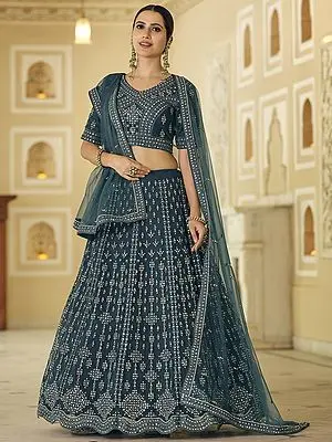 Rama-Blue Soft Net Scalloped Hem Laddi Pattern Lehenga Choli with Heavy Dori-Mirror Work and Dupatta