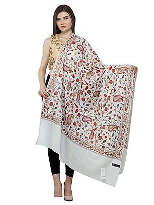 Antique-White Pure Wool Shawl With Aari Embroidered Multicolor Floral-Paisley Vine