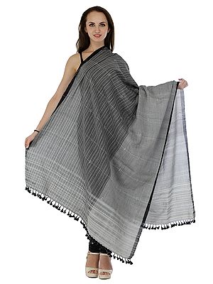Caviar-Black Shawl from Kutch with Contrast Woven Pattern and Tassels