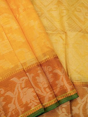 Banarasi Cotton Saree With All-Over Geometric Motif And Bail Butta On The Border
