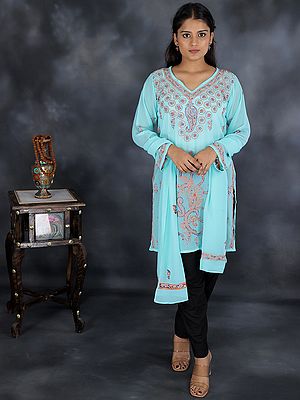 Neptune-Green Georgette Long Kurti With Floral-Paisley Chikankari Work And Matching Stole