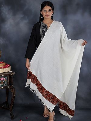 Antique-White Angora Stole from Kullu with Kinnauri Woven Palla Design