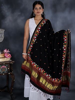 Shawl from Kutch With Multicolor Mirror Embroidered Bootis and Golden Gajji Silk Border