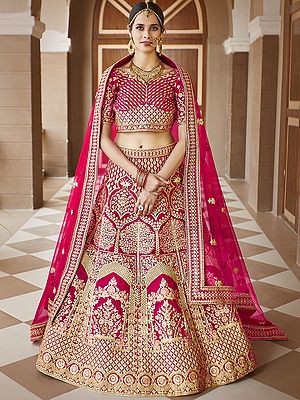 Magenta-Pink Velvet Bridal Lehenga Choli With Embellished Work And Designer Dupatta
