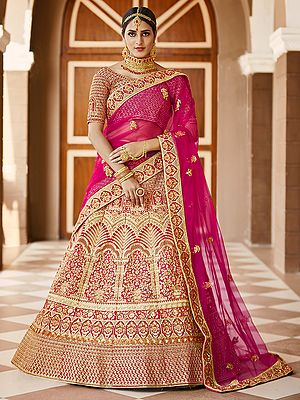 Rose-Pink Velvet Bridal Lehenga Choli With Mughal Motif Stone Dori Work And Designer Dupatta