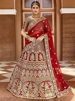 Red Velvet Bridal Lehenga Choli With All Over Embroidered Flower-Peacock Design and Sequins with Beautiful Dupatta