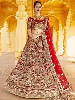 Velvet Bridal Lehenga Choli with All Over Cut Dana Work and Designer Dupatta