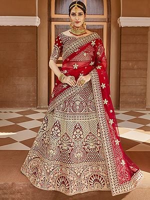 Velvet Bridal Lehenga Choli With All Over Embroidered Flower-Sequins Motif And Beautiful Dupatta