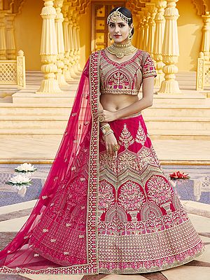 Velvet Bridal Lehenga Choli With All Over Zari Dori Embroidery And Elephant Pattern With Lace Sheer Dupatta