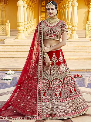 Velvet Bridal Lehenga Choli With All Over Zari Dori Embroidery And Elephant Pattern With Lace Sheer Dupatta