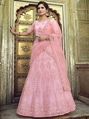 Candy-Pink Soft Net Vine & Kali Motif Lehenga Choli With Sequins, Dori Work And Designer Dupatta