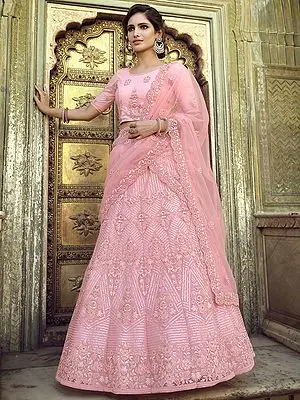 Candy-Pink Soft Net Vine & Kali Motif Lehenga Choli with Sequins, Dori Work and Designer Dupatta