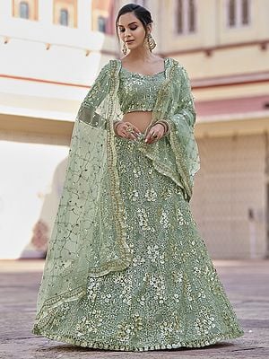 Green Soft Net Scalloped Lehenga Choli With All-Over Floral Pattern Sequins, Thread, Stone Work And Dupatta
