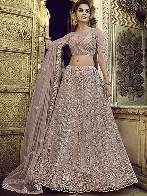 Mauve Soft Net Scalloped Lehenga Choli With Floral Laddi Pattern Sequins, Dori, Zari Embroidery And Dupatta