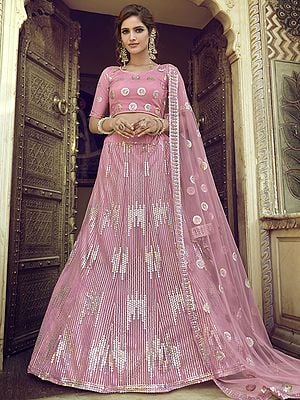 Pink Soft Net Embellished Lehenga Choli With All-Over Abstract Sequins Work And Chakra Motif Dupatta