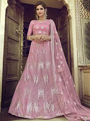 Pink Soft Net Embellished Lehenga Choli with All-Over Abstract Sequins Work and Chakra Motif Dupatta
