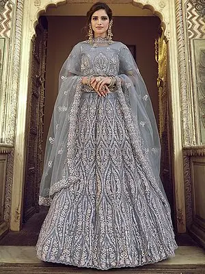 Grey Soft Net Floral Meena Motif Lehenga Choli With Heavy Sequins, Thread, Dori, Zari Work And Scalloped Border Dupatta