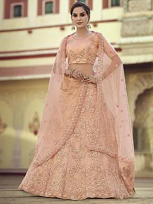 Peach Soft Net Meena Bail Butta Lehenga Choli with Sequins, Thread, Dori, Zari Embroidery and Dupatta