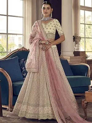 Beige Art Silk Lehenga Choli with Thread, Zarkan Work, And Soft Net Dupatta