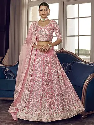 Pink Organza Vine Motif Lehenga Choli with Sequins, Thread Work, And Soft Net Dupatta