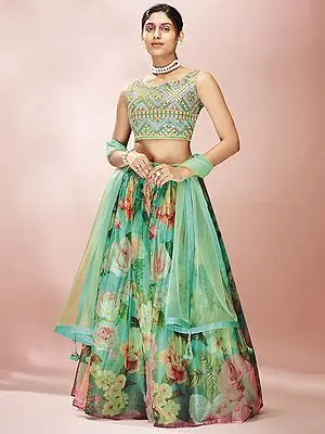 Green Organza Digital Printed Floral Lehenga With Mirror, Thread, Sequins Embroidered Art Silk Choli And Soft Net Dupatta