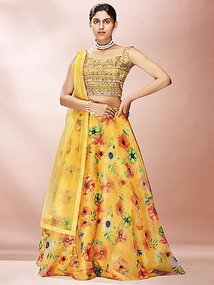 Yellow Organza Floral Printed Lehenga With Zari, Thread, Sequins Embroidered Art Silk Choli And Soft Net Dupatta