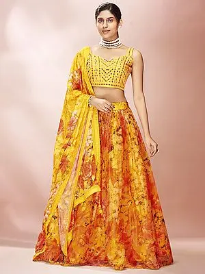 Crayola Pure Organza Printed Lehenga with Mirror-Thread Embroidered Art Silk Choli and Soft Net Dupatta