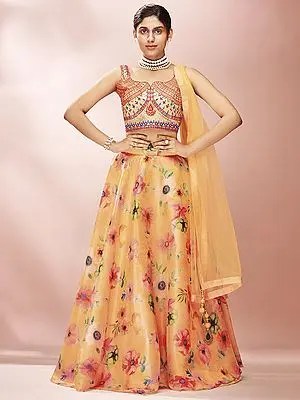Mustard Organza Digital Flower Print Lehenga With Mirror-Thread Work Art Silk Choli And Soft Net Dupatta