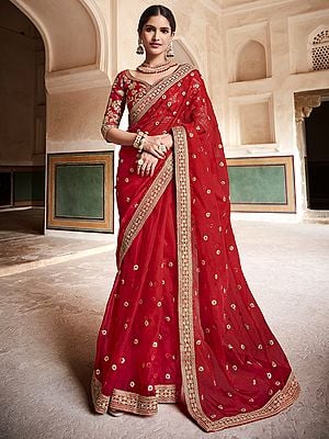 Red Organza Chakra Motif Saree And Art Silk Vine Pattern Blouse With Zari, Sequins, Dori Work