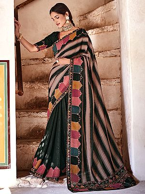 Bottle Green Georgette Saree with Bold Stripe Sequins Work Multicolor Printed Motif and Matching Blouse