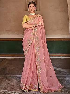 Pink Organza Elephant-Bird Motif Saree with Art Silk Yellow Blouse and Zari, Mirror, Thread Embroidery
