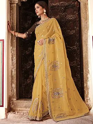 Mustard Organza Peacock Motif Scalloped Border Saree with Art Silk Brown Blouse and Zari, Mirror, Thread Work
