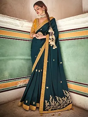 Rama-Green Crepe Silk Floral Vine Pattern Saree With Mustard Art Silk Blouse And Dori-Sequins Work