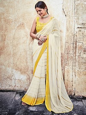 White Georgette Saree With Art Silk Yellow Blouse And Gota, Thread, Printed Work