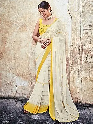 White Georgette Saree with Art Silk Yellow Blouse and Gota, Thread, Printed Work