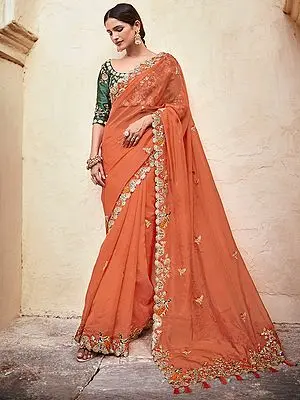 Orange Organza Meena Peacock-Floral Motif Saree with Art Silk Green Blouse and Dori, Thread, Mirror, Beads Work