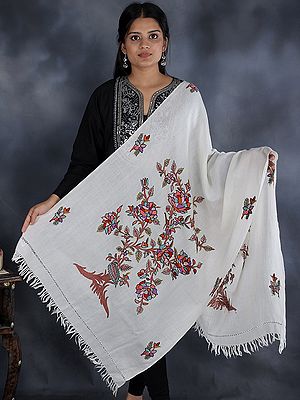 Antique-White Stole from Kashmir with Bold Multicolor Aari-Embroidered Floral Tree