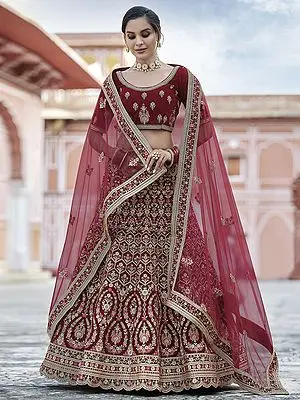 Velvet Bridal Scalloped Floral Meena Butta Lehenga Choli with Resham, Zari, Dori Work and Soft Net Dupatta