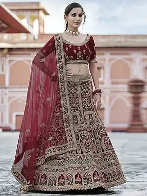 Velvet Bridal A-Line Style Mughal-Peacock Motif Lehenga Choli With Resham, Zari, Dori, Sequins Work And Soft Net Dupatta