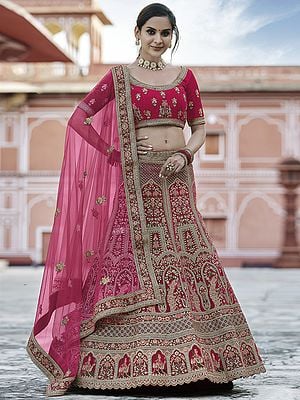Velvet Bridal A-Line Style Mughal-Peacock Motif Lehenga Choli With Resham, Zari, Dori, Sequins Work And Soft Net Dupatta