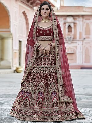 Velvet Bridal Trumpet Style Mughal-Peacock-Vine Motif Lehenga Choli With Resham, Zari, Sequins Work And Soft Net Dupatta
